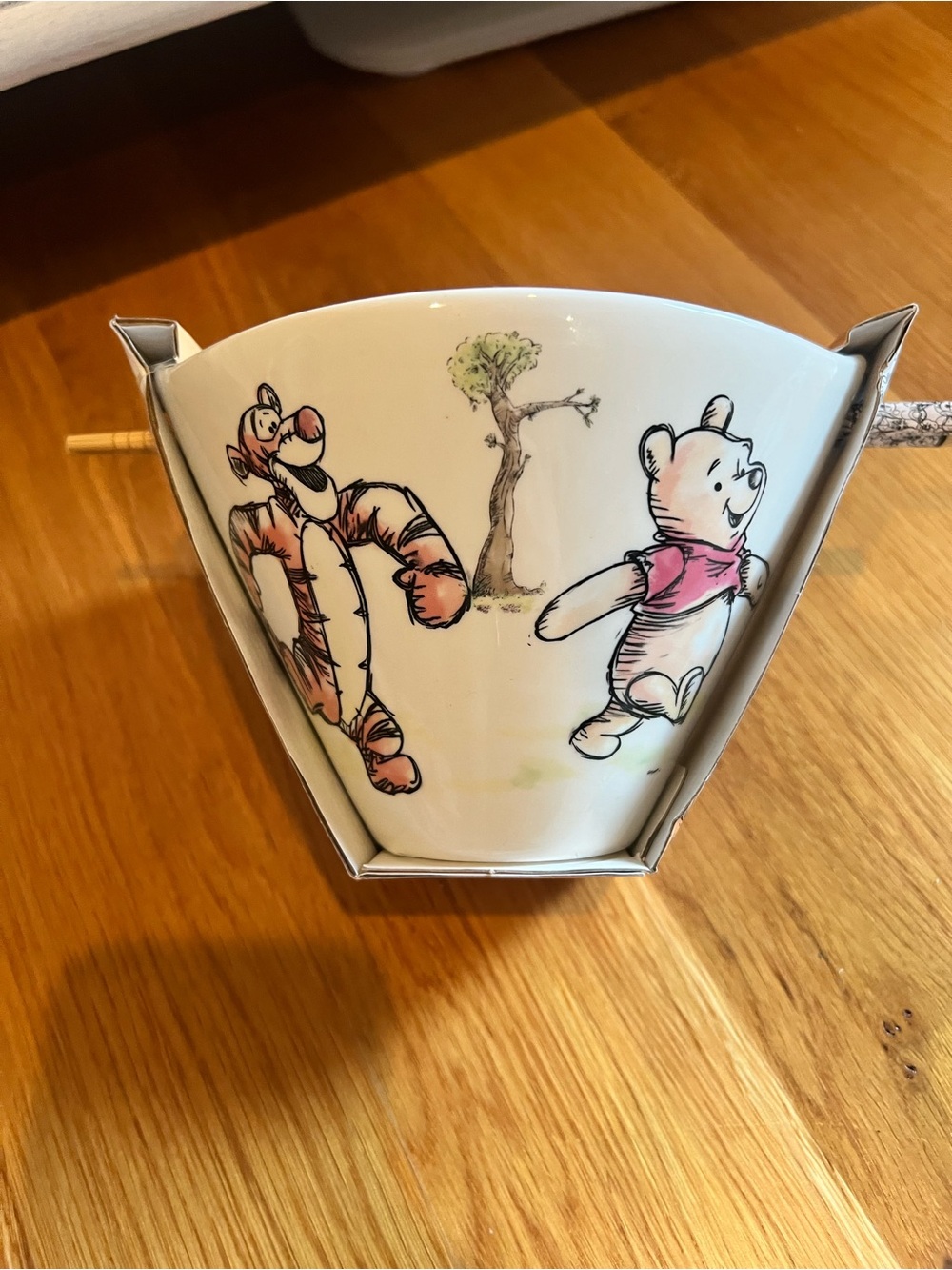 Winnie the Pooh & Tigger Ceramic Bowl - White with Pink Accents with chopsticks